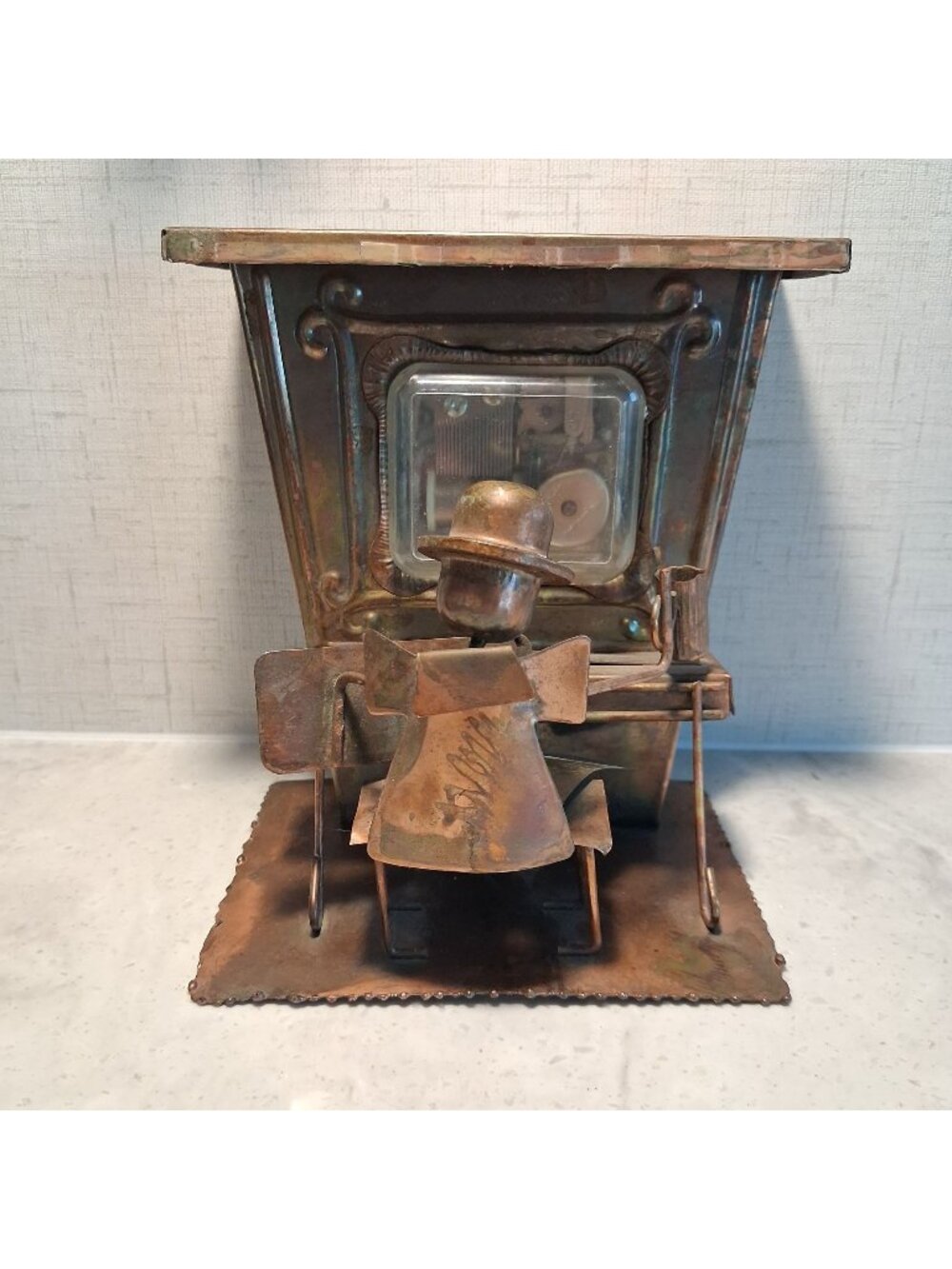 Vintage 50's - 70's Steam Punk Copper Art 6"T Piano Man Music Box Player